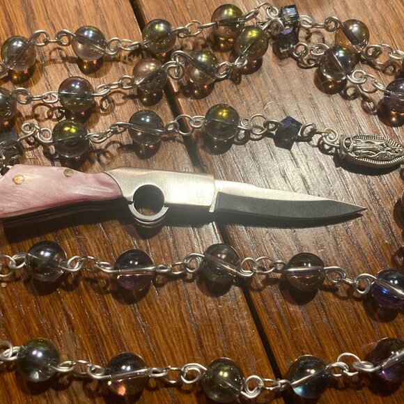 Mini Pocket Knife Rosary with Clear Rainbow Shimmer Glass Beads - Picture 1 of 3